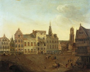 A. Honich, Stadhuisbrug te Utrecht, 1663 (Het Utrechts Archief). De luiken van de huizen Klein en Groot Lichtenberg zijn geschilderd in een rode ijzeroxidekleur.