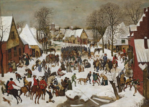 Ongeschilderd eikenhout op het schilderij van Pieter Brueghel de Jongere, Kindermoord te Bethlehem, laatste kwart 16de eeuw (coll. Kunsthistorisch Museum Wenen)